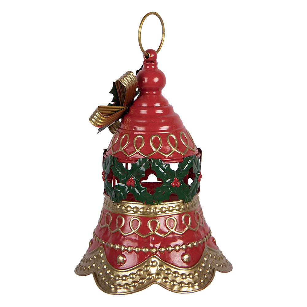 Décoration Noël Cloche Métal Rouge Houx Doré Ø21×29 cm
