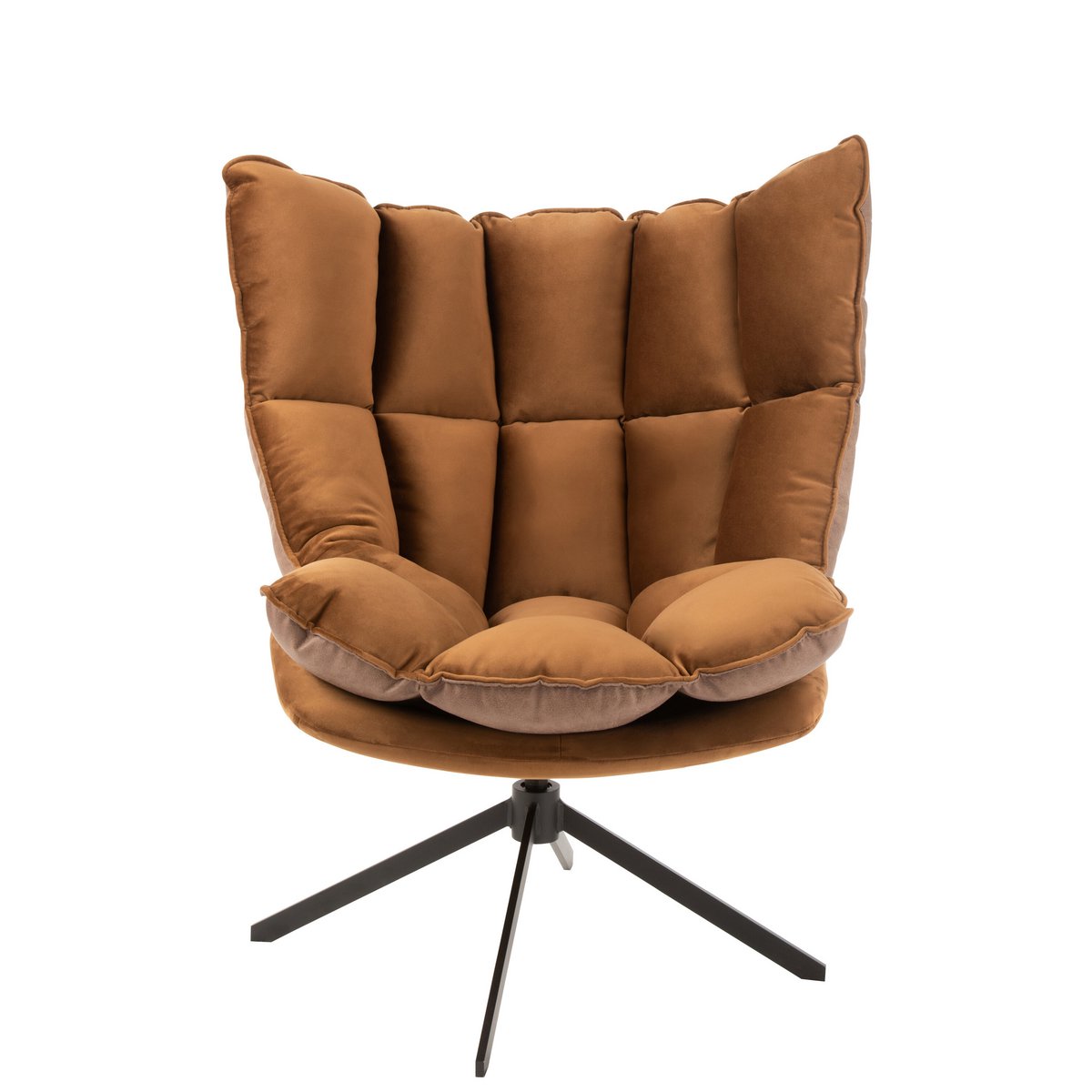 Fauteuil lounge contemporain ultra-confortable avec coussin capitonné marron sur un piètement en métal noir.