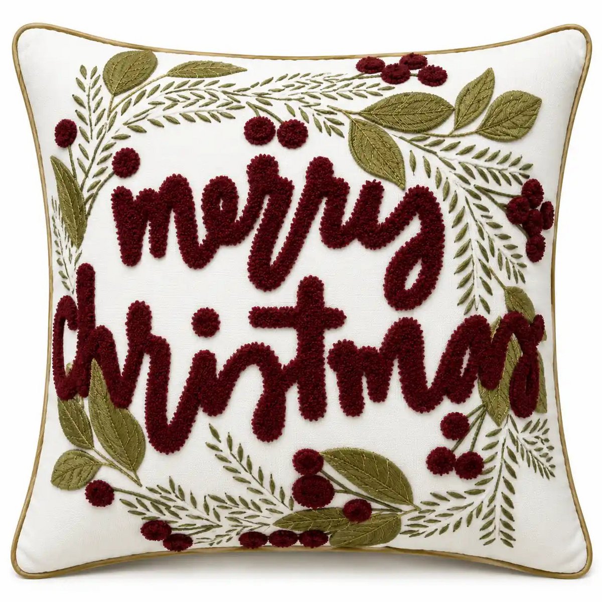 Housse de Coussin Noël Merry Christmas Touffeté Feuilles Baies Rouge Vert Or 45×45 cm