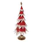 Décoration Noël Sapin Métal Rouge Effet Neige Base Dorée 39×31×84 cm