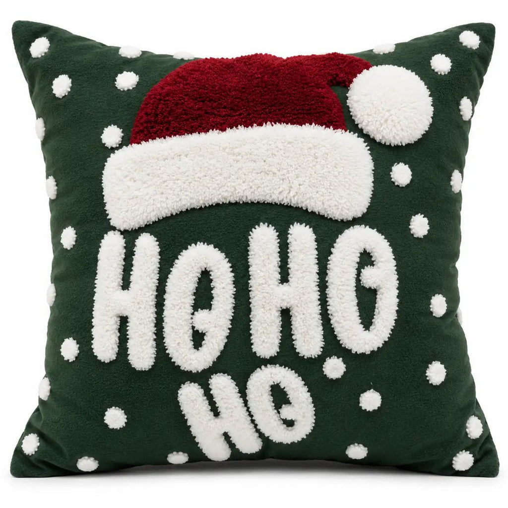 Housse de Coussin Noël HO HO HO Brodée Vert Blanc Rouge 45×45 cm