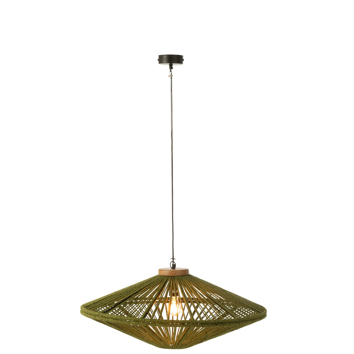 Grande suspension design en forme de soucoupe avec tressage en fil de jute vert sur armature métallique.