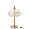 Grande lampe de table design Art Déco, pied en métal doré et abat-jour étagé en verre translucide nervuré.