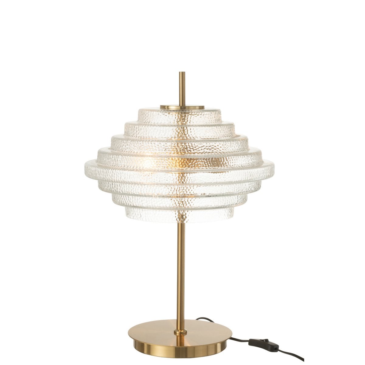 Grande lampe de table design Art Déco, pied en métal doré et abat-jour étagé en verre translucide nervuré.