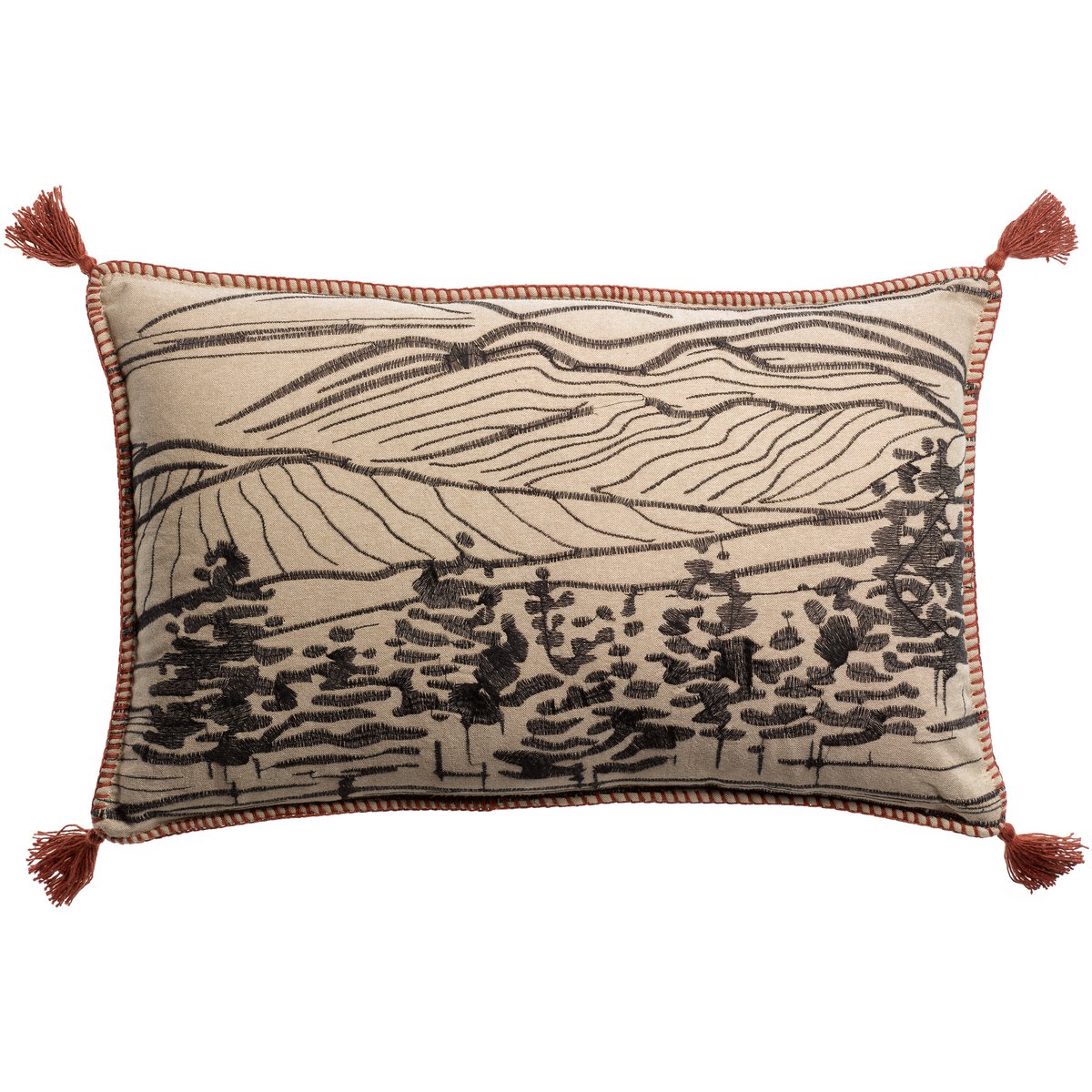 Grand coussin lombaire 40x65cm brodé paysage avec pompons couleur sienne terracotta