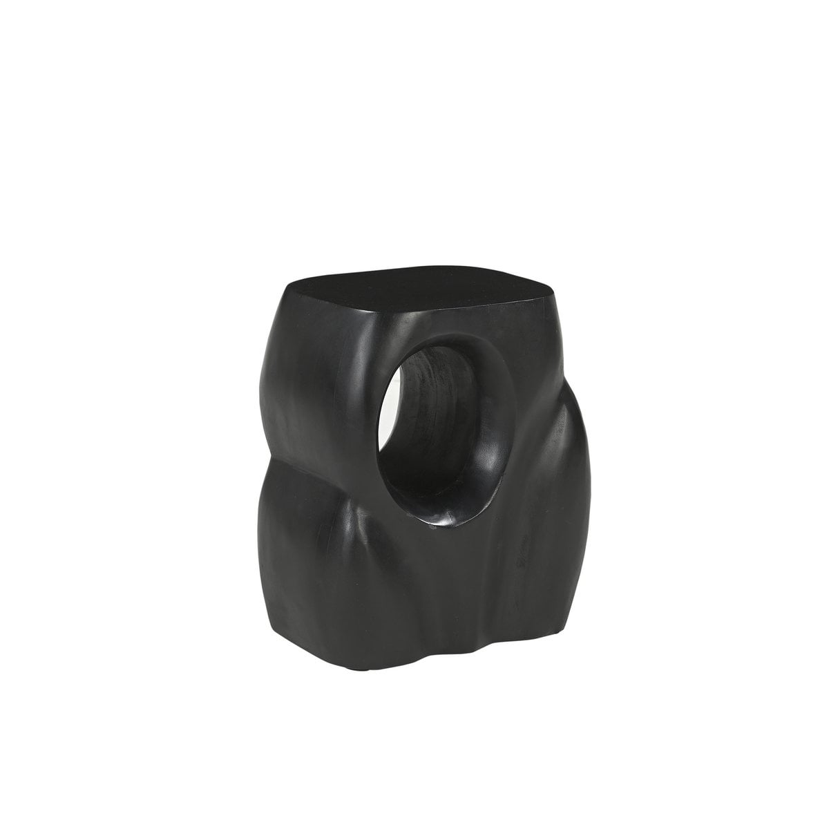 Vue détaillée de la courbe et de l'espace évidé central de la table d'appoint noire.