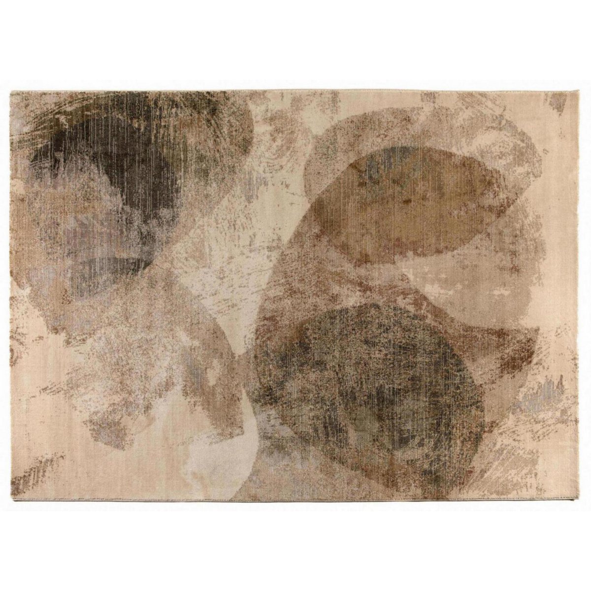 Vue en plan horizontale du tapis Vivaraise Aloyse Bronze, détaillant le motif abstrait avec des formes organiques superposées et une texture effet peinture dans des tons de bronze, ocre et beige.