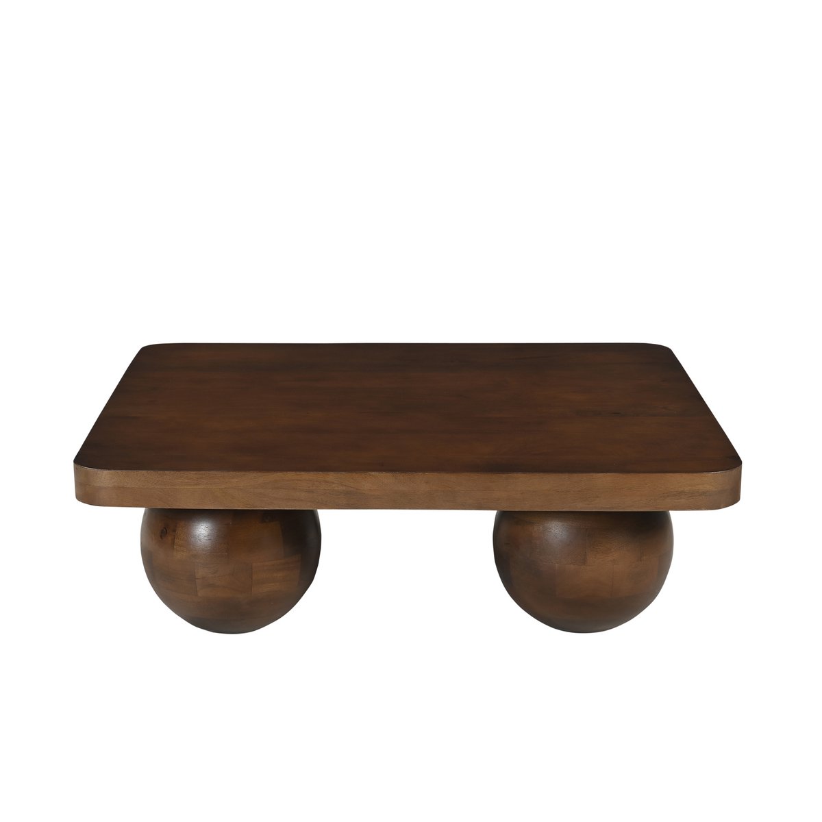 Table basse design en bois de manguier massif avec plateau carré et quatre pieds en forme de boules.