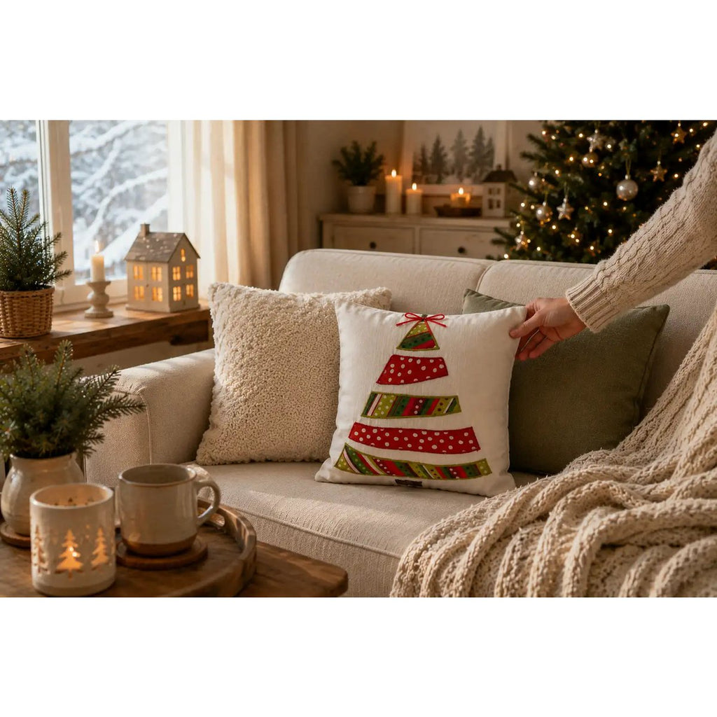 Housse de Coussin Noël Sapin Appliqué Coloré Rouge Vert Nœud Coton 45×45 cm