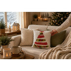 Housse de Coussin Noël Sapin Appliqué Coloré Rouge Vert Nœud Coton 45×45 cm
