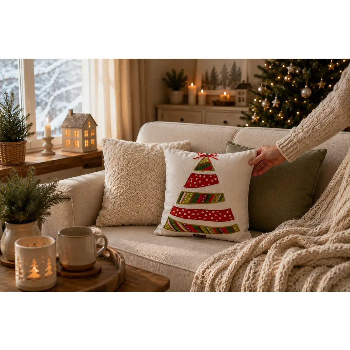 Housse de Coussin Noël Sapin Appliqué Coloré Rouge Vert Nœud Coton 45×45 cm