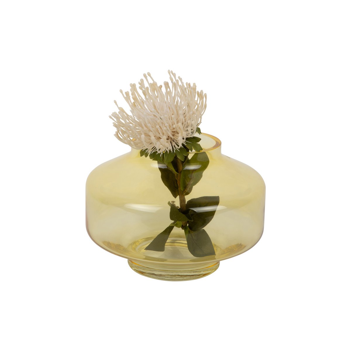 Vue plongeante sur le vase jaune ocre accueillant une fleur, soulignant son col resserré et sa base large.