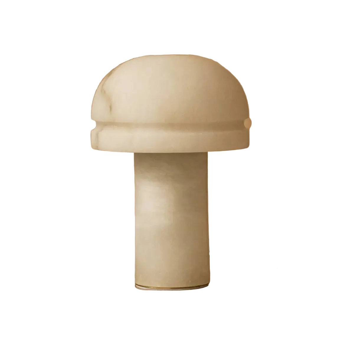 Lampe design champignon en albâtre Leonardo posée sur une table en pierre naturelle.