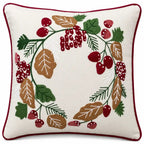 Housse de Coussin Noël Couronne Brodée Main Baies Feuilles Coton 45×45 cm