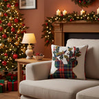 Housse de Coussin Noël Renne À Carreaux Brodée Coton Lin 45×45 cm