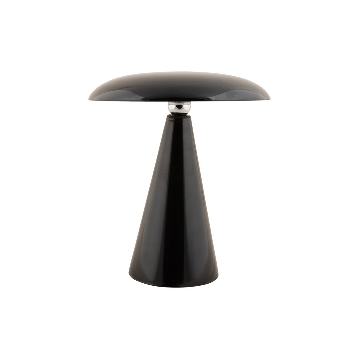 Vue de profil de la lampe minimaliste montrant sa base conique élégante et la brillance de la mélamine noire.