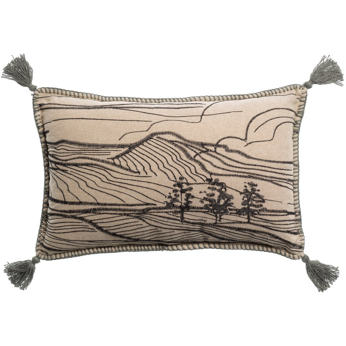 Coussin rectangulaire 30x50 beige broderie paysage noir et pompons verts