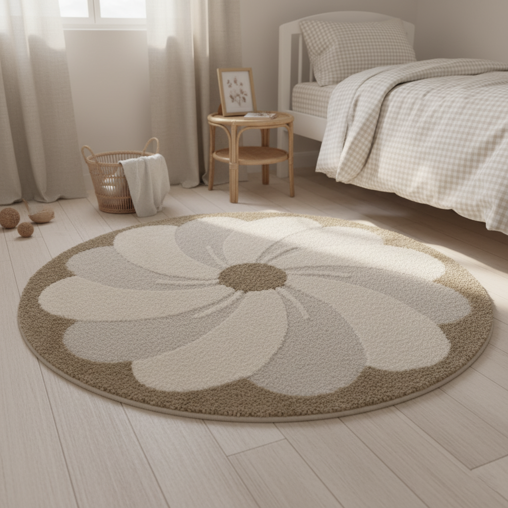 Tapis Rond Velours Motif Fleur en Relief Écru & Beige – Elsa