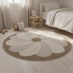 Tapis Rond Velours Motif Fleur en Relief Écru & Beige – Elsa