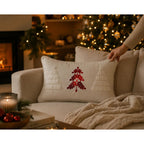 Housse de Coussin Noël Nordlys Sapins Touffetés Brodés Crème Rouge Coton Lin 30×50 cm