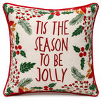 Housse de Coussin Noël Tis The Season Brodée Couronne Houx Baies Passepoil Rouge 45×45 cm