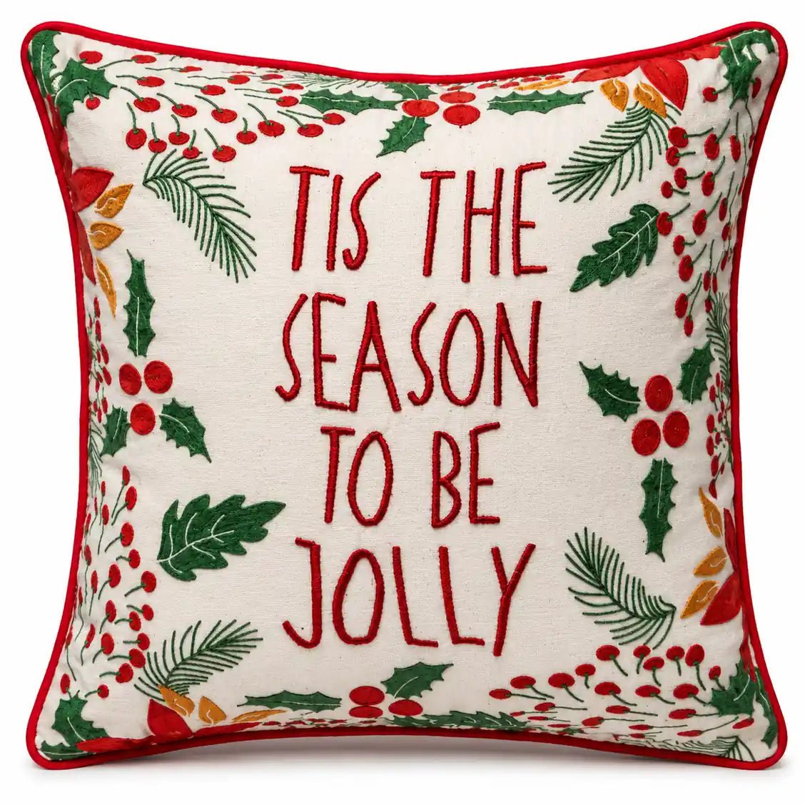 Housse de Coussin Noël Tis The Season Brodée Couronne Houx Baies Passepoil Rouge 45×45 cm