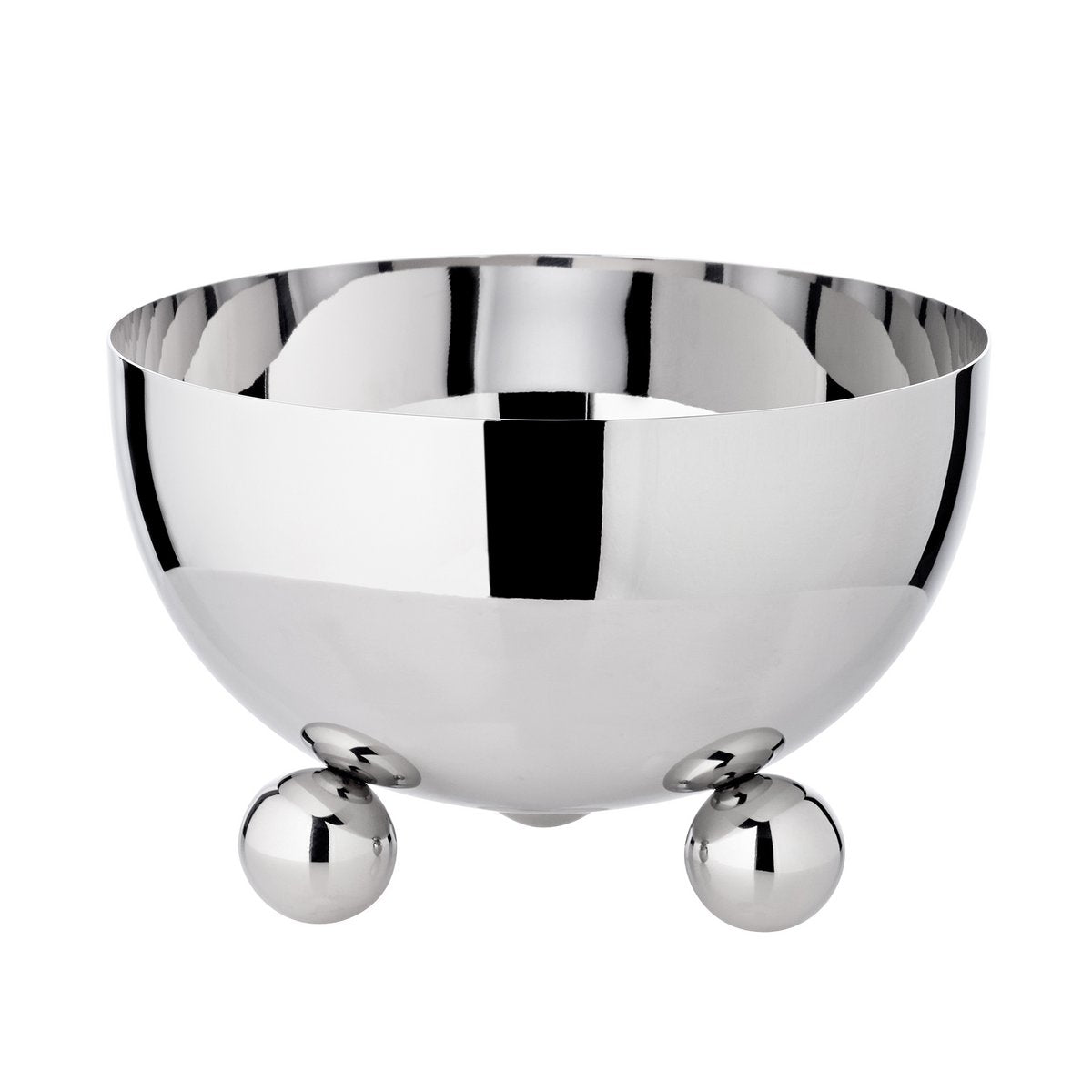 Bol décoratif Chicago en acier inoxydable poli brillant avec trois pieds en forme de sphères.