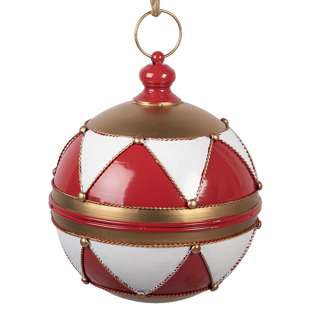Décoration Noël Grande Boule Métal Rouge Blanc Géométrique Ø31×36 cm