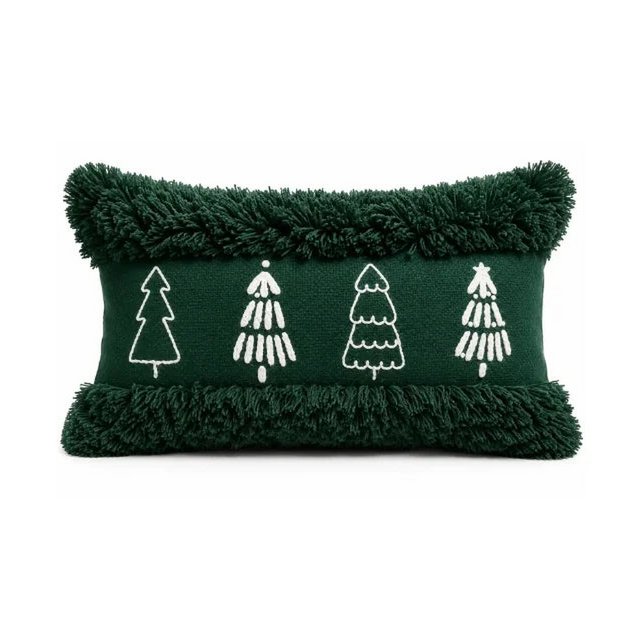 Housse de Coussin Noël Sapins Brodés Bord Moelleux Vert Blanc 35×50 cm