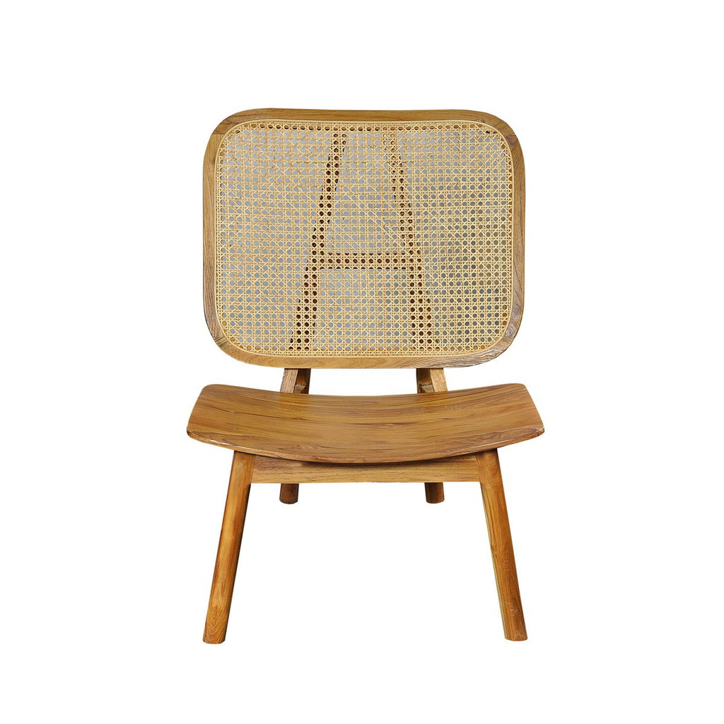Fauteuil lounge design vintage avec structure et assise en bois de teck massif, dossier en cannage rotin.