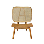 Fauteuil lounge design vintage avec structure et assise en bois de teck massif, dossier en cannage rotin.