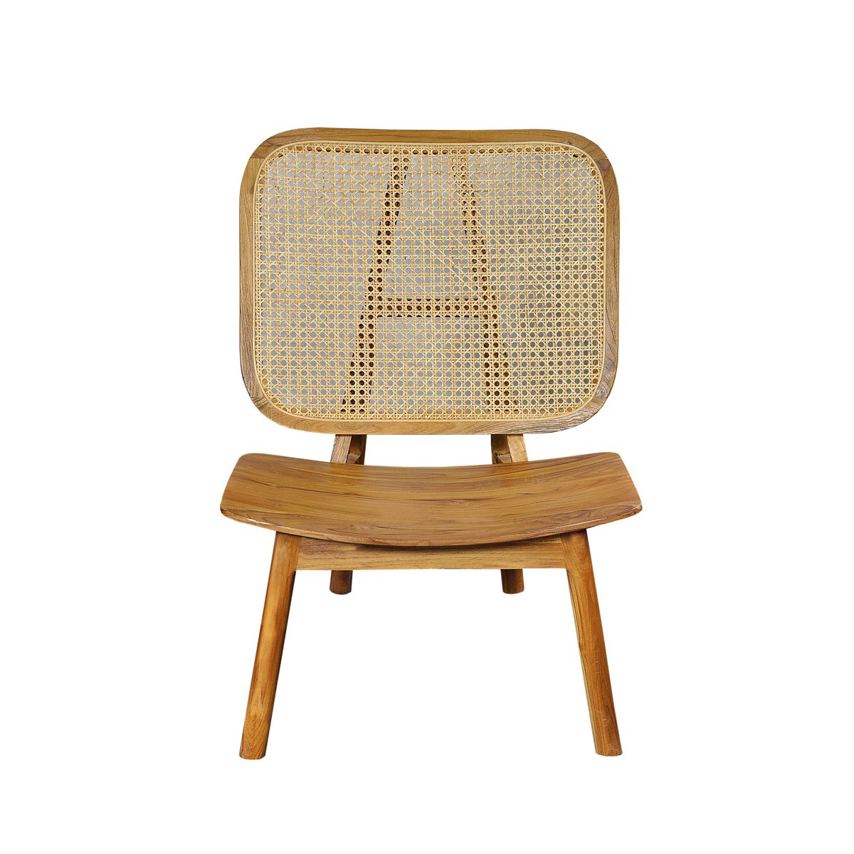 Fauteuil lounge design vintage avec structure et assise en bois de teck massif, dossier en cannage rotin.