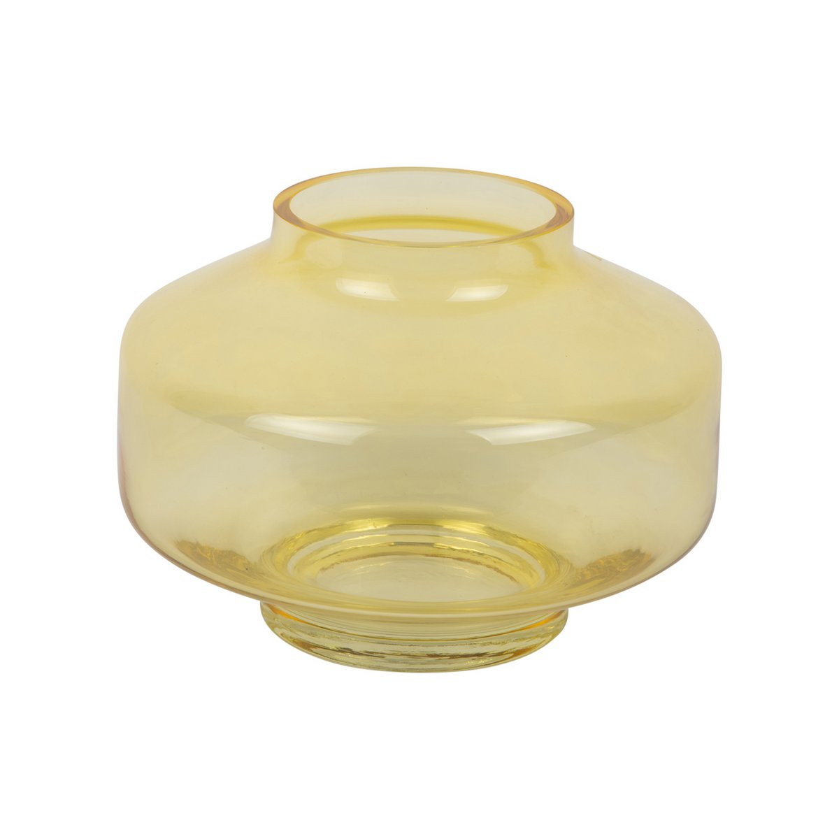 Vase bas décoratif en verre teinté jaune ocre, avec une silhouette large et arrondie.