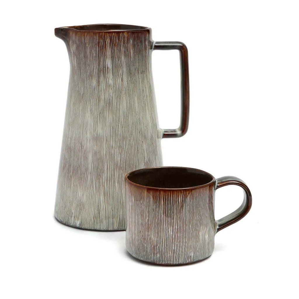 Tasse à café en céramique portugaise, finition rayée tons terreux avec piché