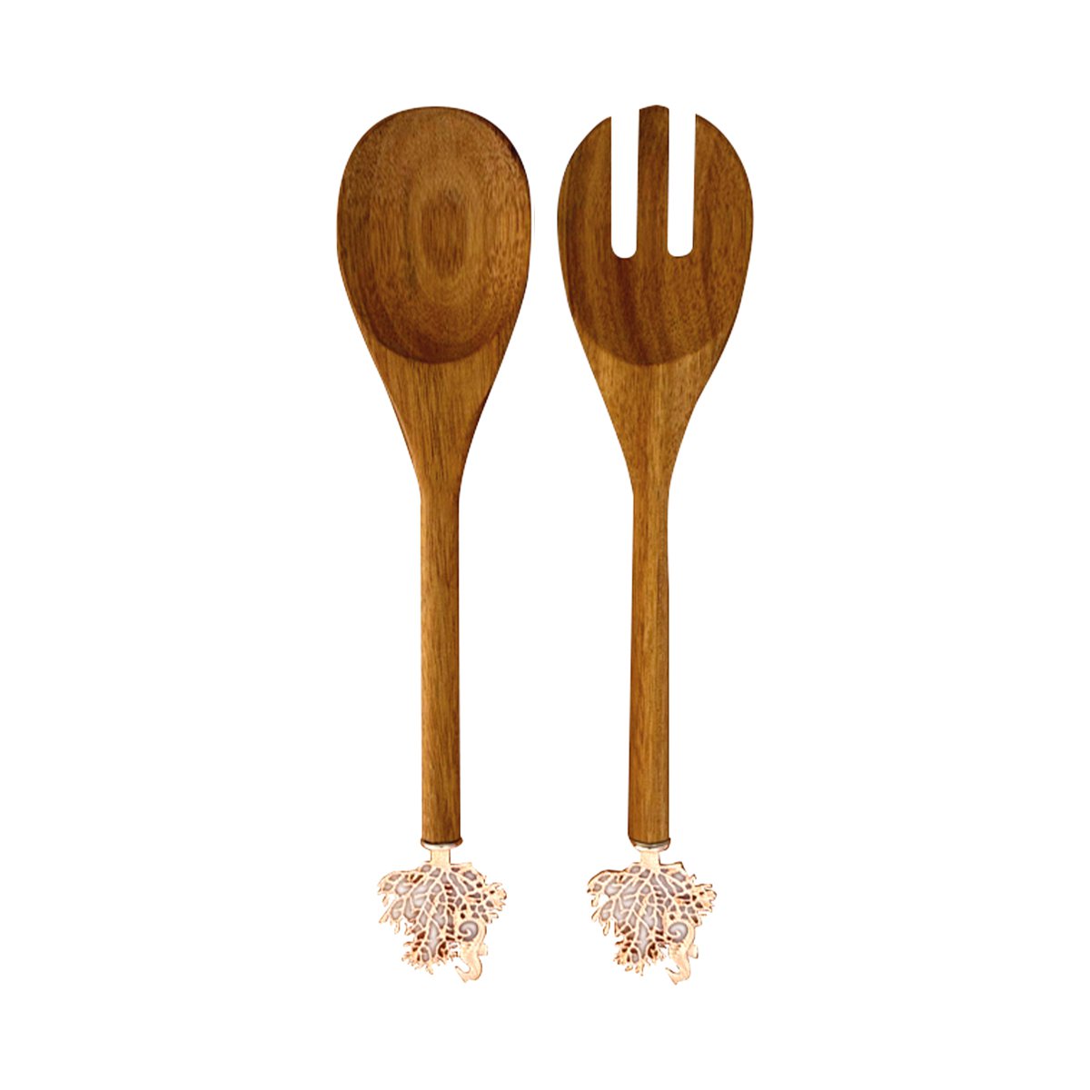 Duo de couverts à salade (cuillère et fourchette) en bois naturel ornés d'un embout sculpté en forme de corail couleur rose gold.