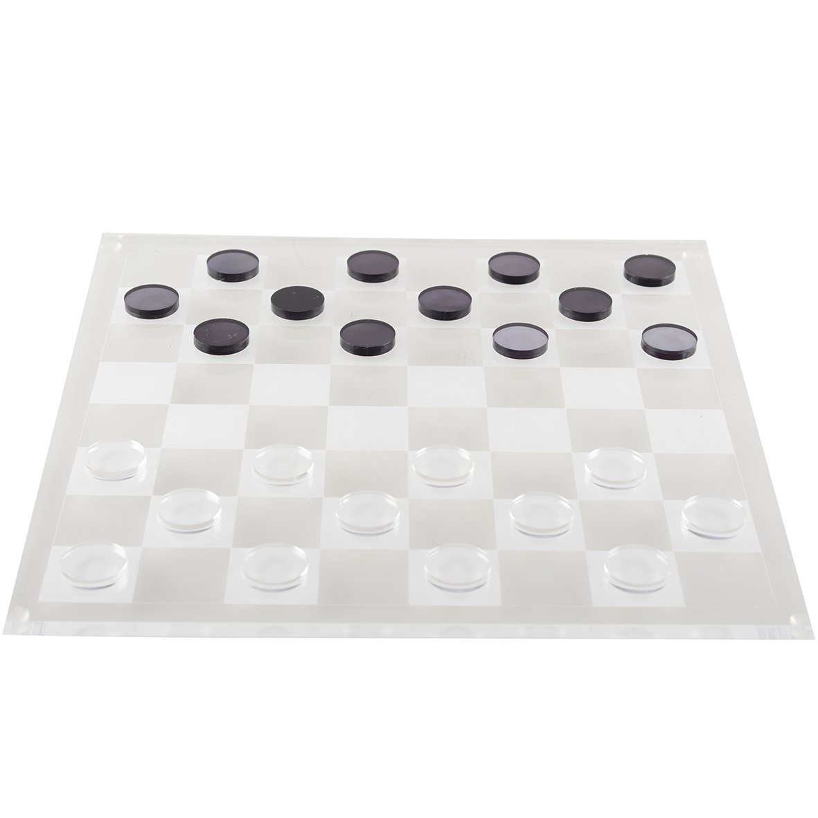 Jeu de dames moderne 2-en-1 en acrylique transparent vu de dessus.