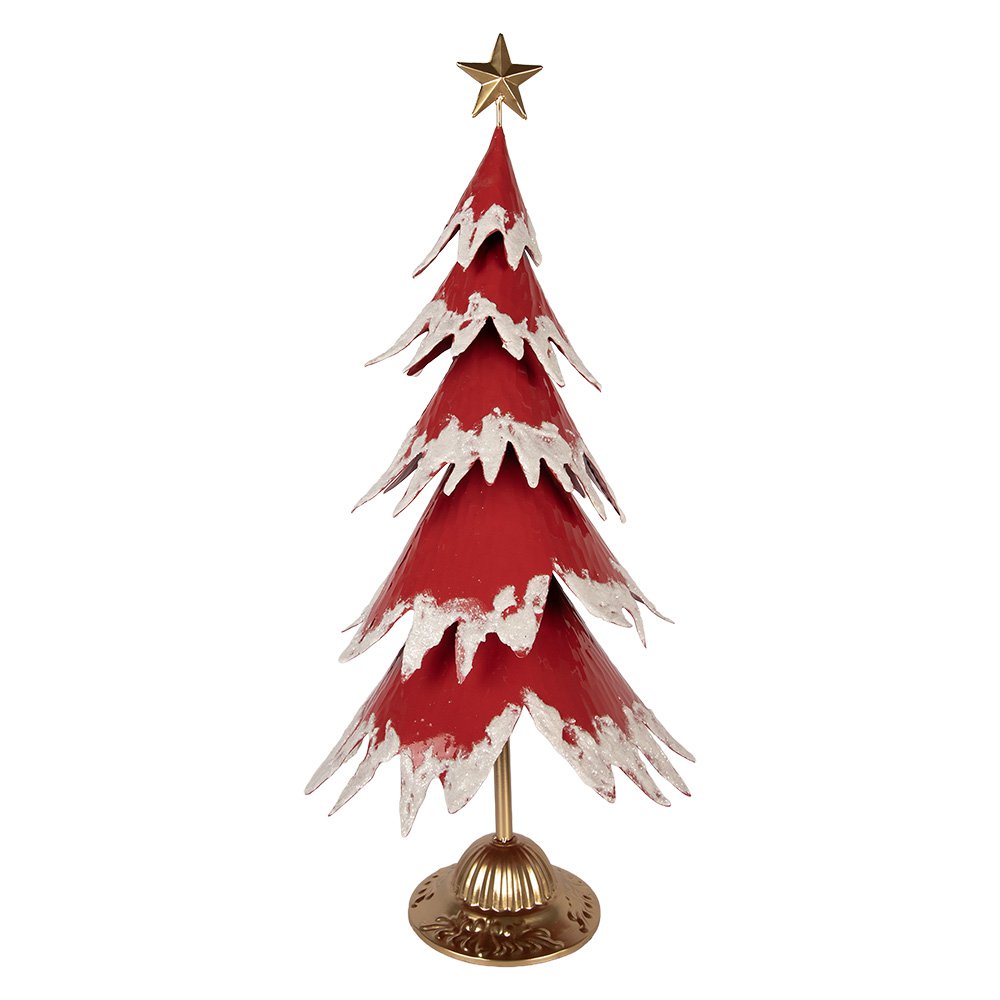 Décoration Noël Sapin Métal Rouge Effet Neige Base Dorée 39×31×84 cm