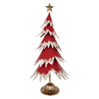 Décoration Noël Sapin Métal Rouge Effet Neige Base Dorée 39×31×84 cm