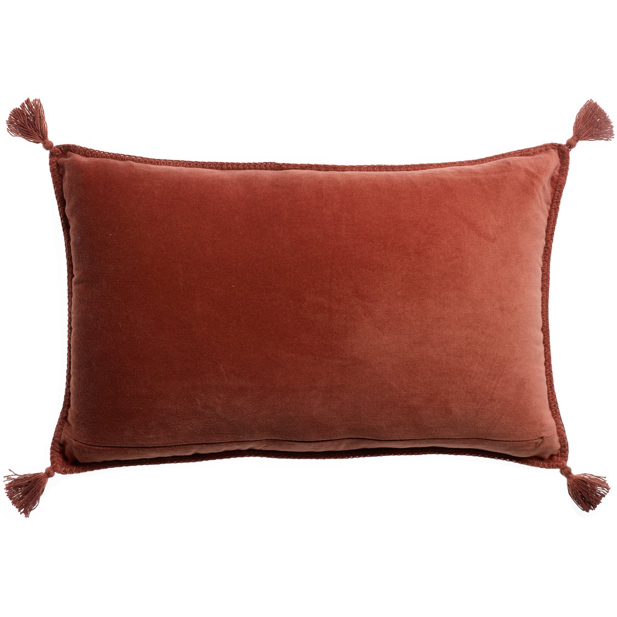 Dos du coussin en velours de coton couleur terracotta sienne uni et doux