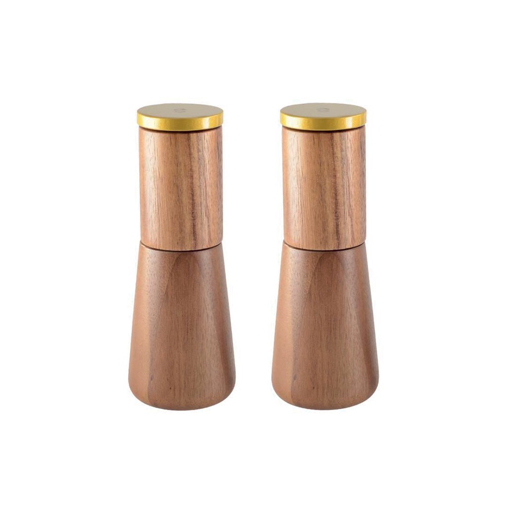 Duo de salière et poivrière design en bois marron avec couvercles dorés.