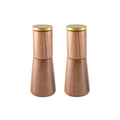 Duo de salière et poivrière design en bois marron avec couvercles dorés.