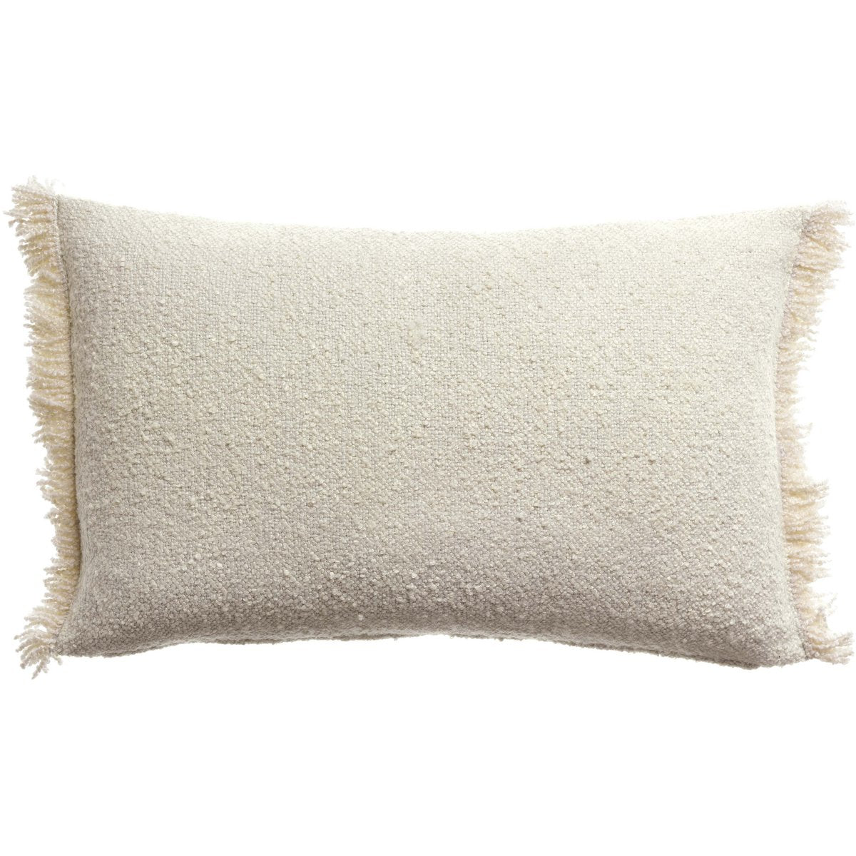 Petit coussin rectangulaire 30x50 en tissu bouclette écru avec franges latérales