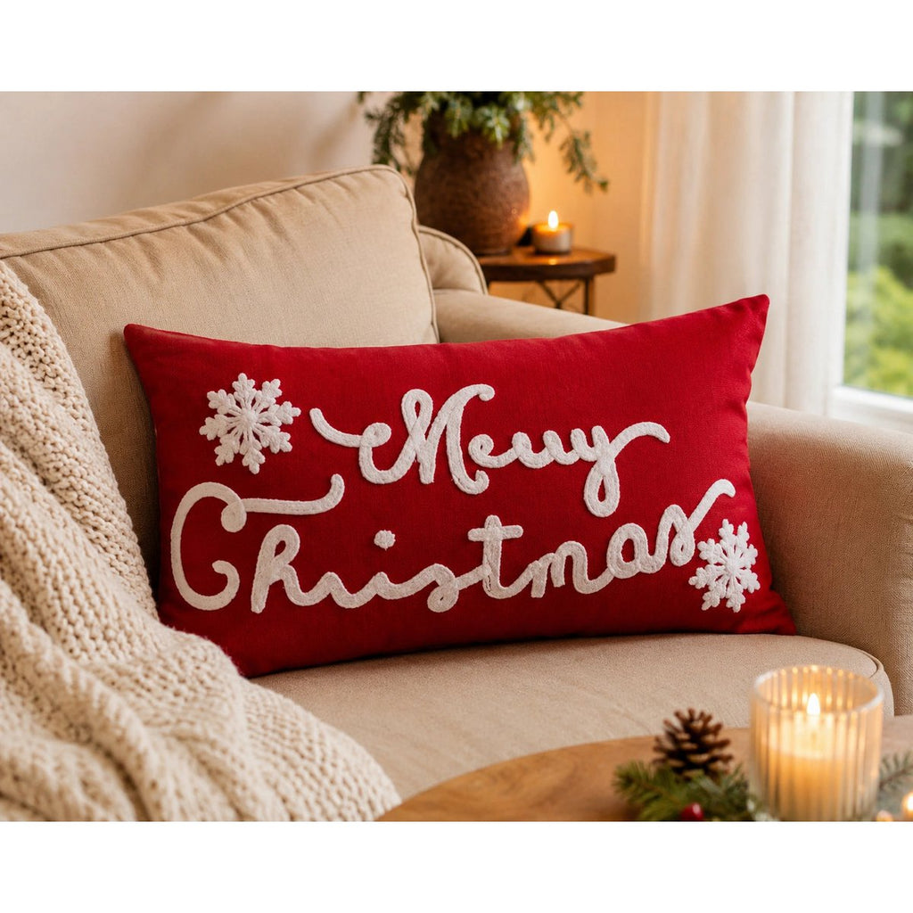 Housse de Coussin Noël SnowJoy Merry Christmas Brodé Flocons Blanc Fond Rouge 30×50 cm