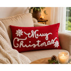 Housse de Coussin Noël SnowJoy Merry Christmas Brodé Flocons Blanc Fond Rouge 30×50 cm