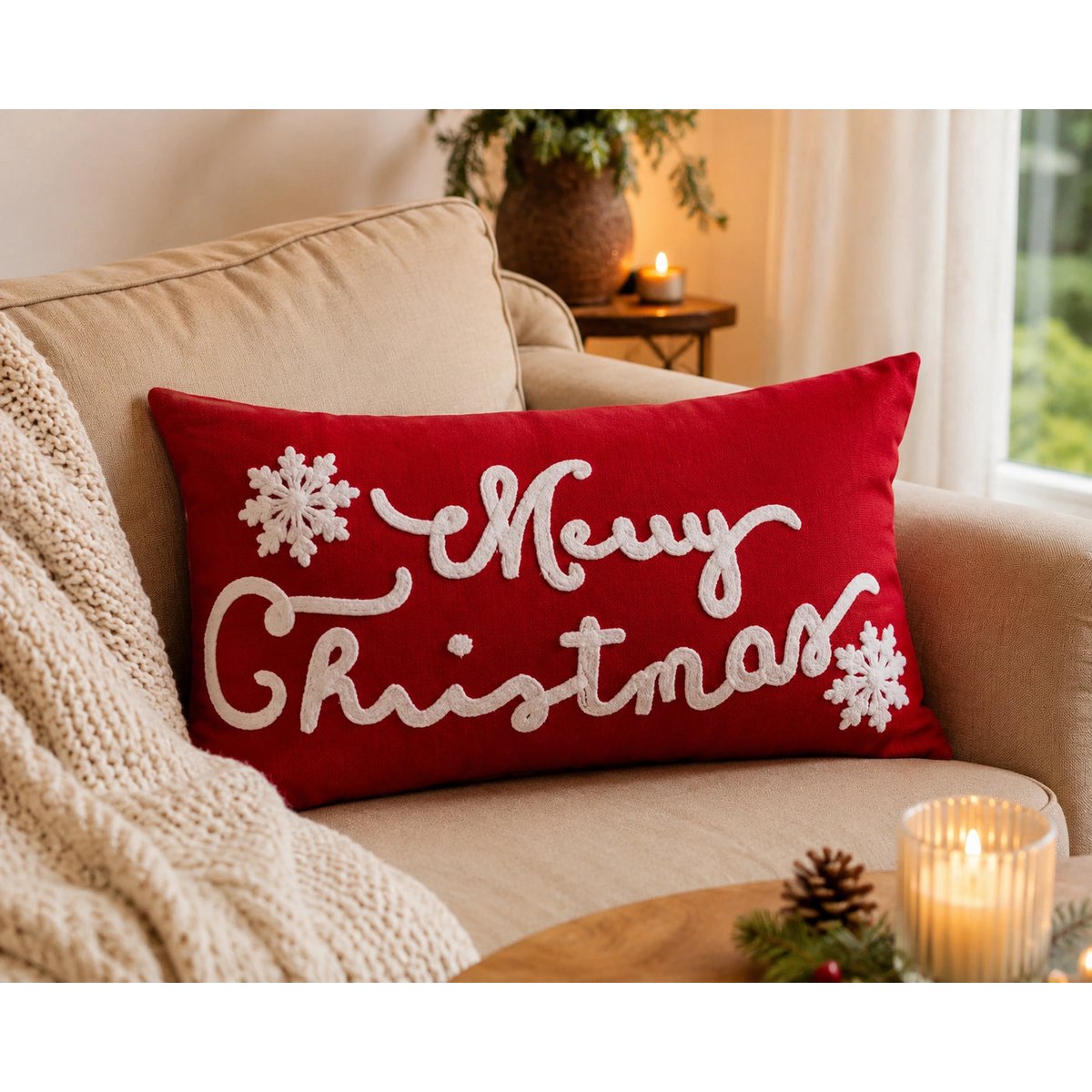 Housse de Coussin Noël SnowJoy Merry Christmas Brodé Flocons Blanc Fond Rouge 30×50 cm