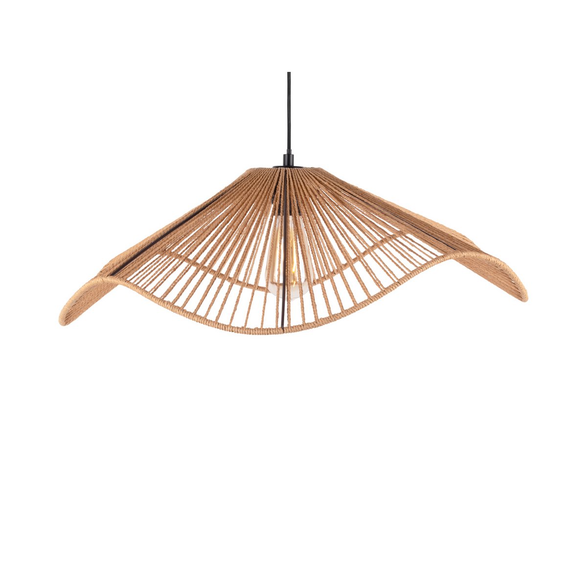 Suspension design à simple abat-jour ondulé en jute tressé de couleur beige naturel.