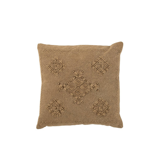 Coussin carré décoratif en coton marron camel avec de belles broderies ethniques en relief.