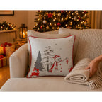 Housse de Coussin Noël Bonhomme de Neige Brodé Rennes Arbres Blanc Rouge Argent 45×45 cm