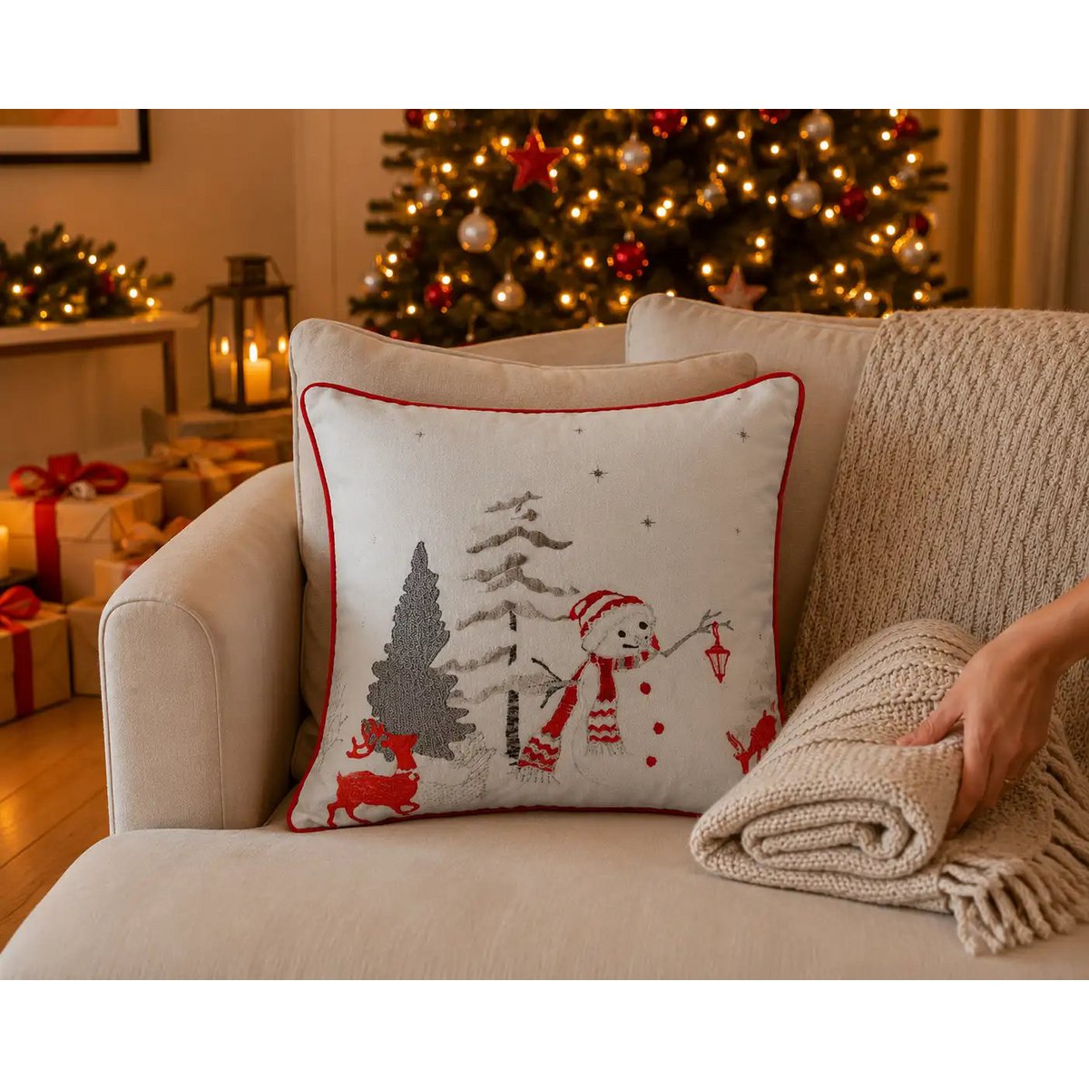 Housse de Coussin Noël Bonhomme de Neige Brodé Rennes Arbres Blanc Rouge Argent 45×45 cm