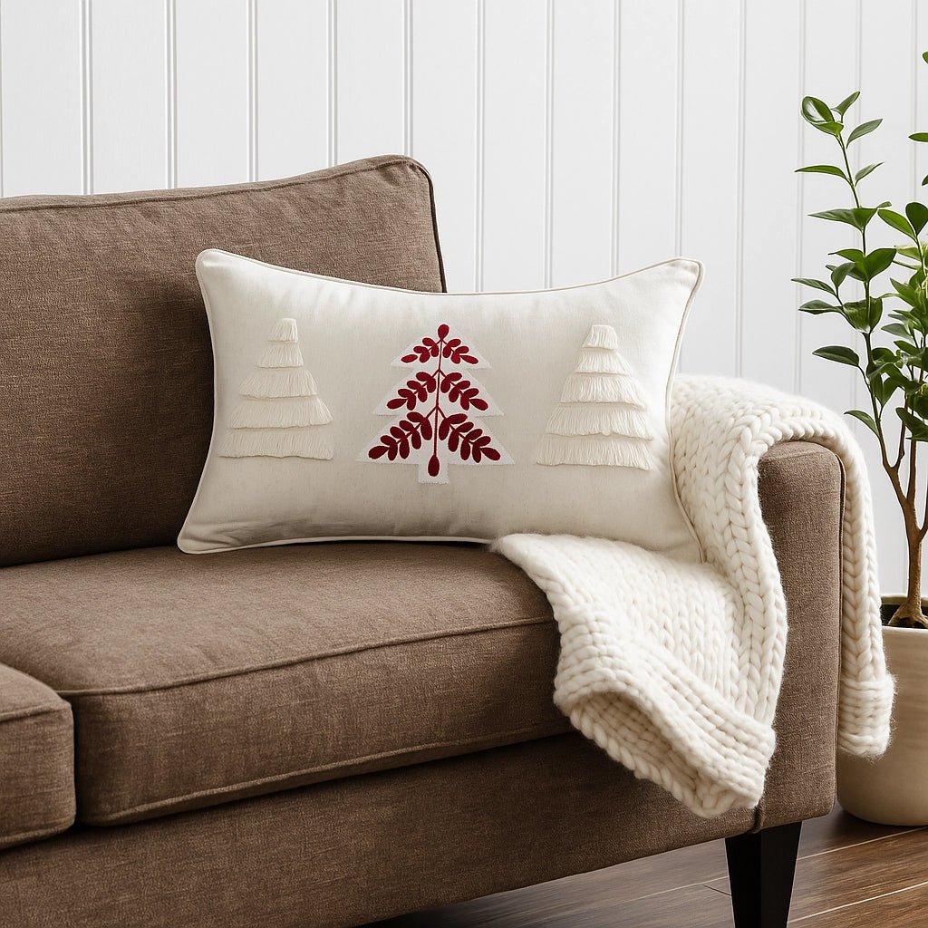 Housse de Coussin Noël Nordlys Sapins Touffetés Brodés Crème Rouge Coton Lin 30×50 cm